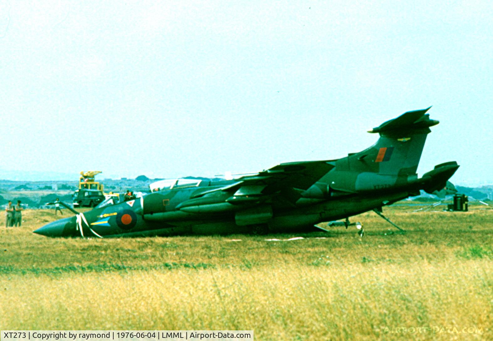 XT273, 1965 Hawker Siddeley Buccaneer S.2A C/N B3-16-64, Buccaneer XT273 208Sqd RAF seen here after over running Runway24 at RAF Luqa on 4 June 1976. The aircraft suffered from hydraulic failure, thus having no brakes. Pilot and Navigator were not injured in the incident and aircraft left after being repaired.