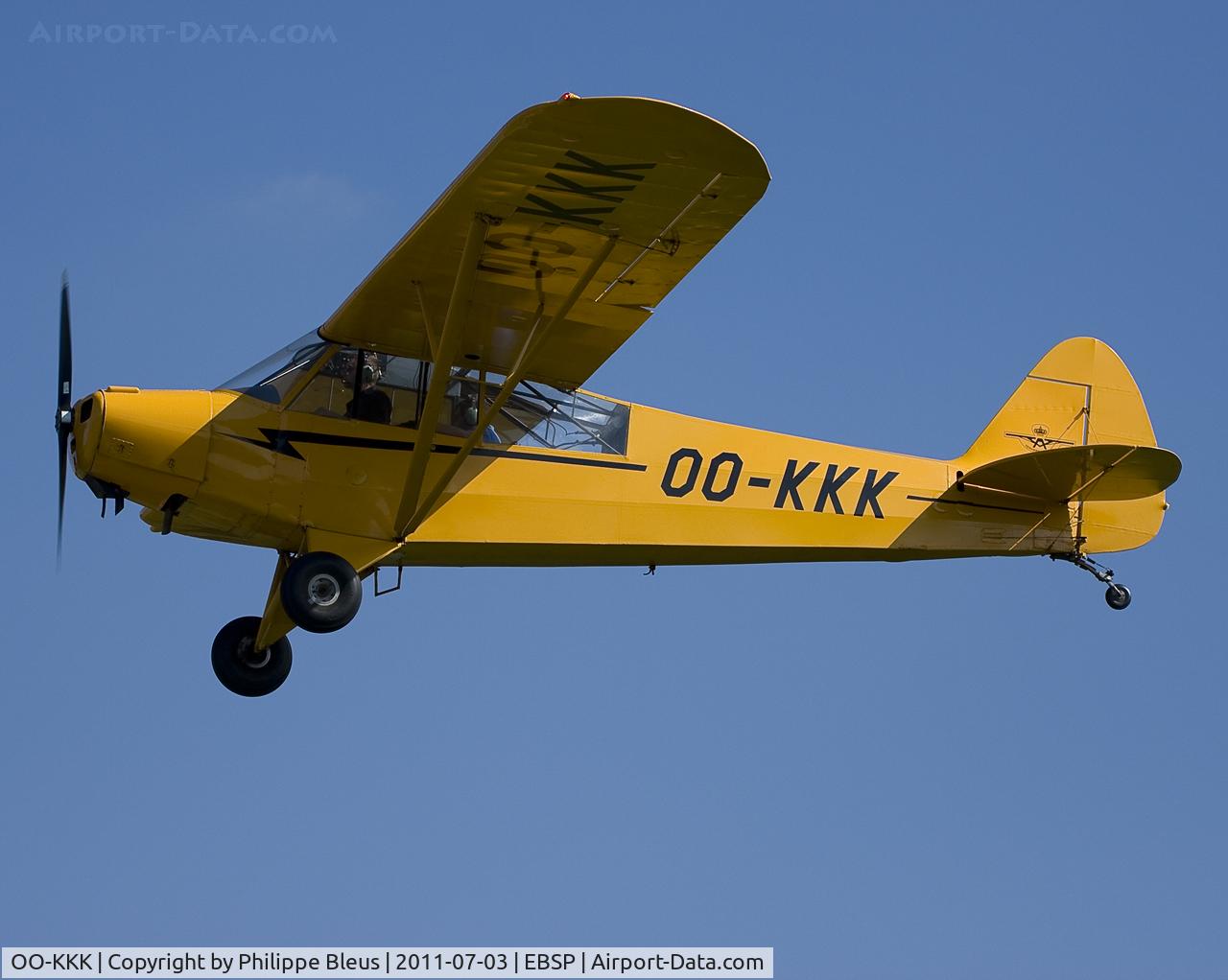 OO-KKK, 1953 Piper L-18C Super Cub (PA-18-95) C/N 18-3155, Yellow Cub on short final rwy 05. Was destroyed in a disastrous accident in October 2011 after taking off at Spa Laboru (Theux). Both seasoned pilots died.