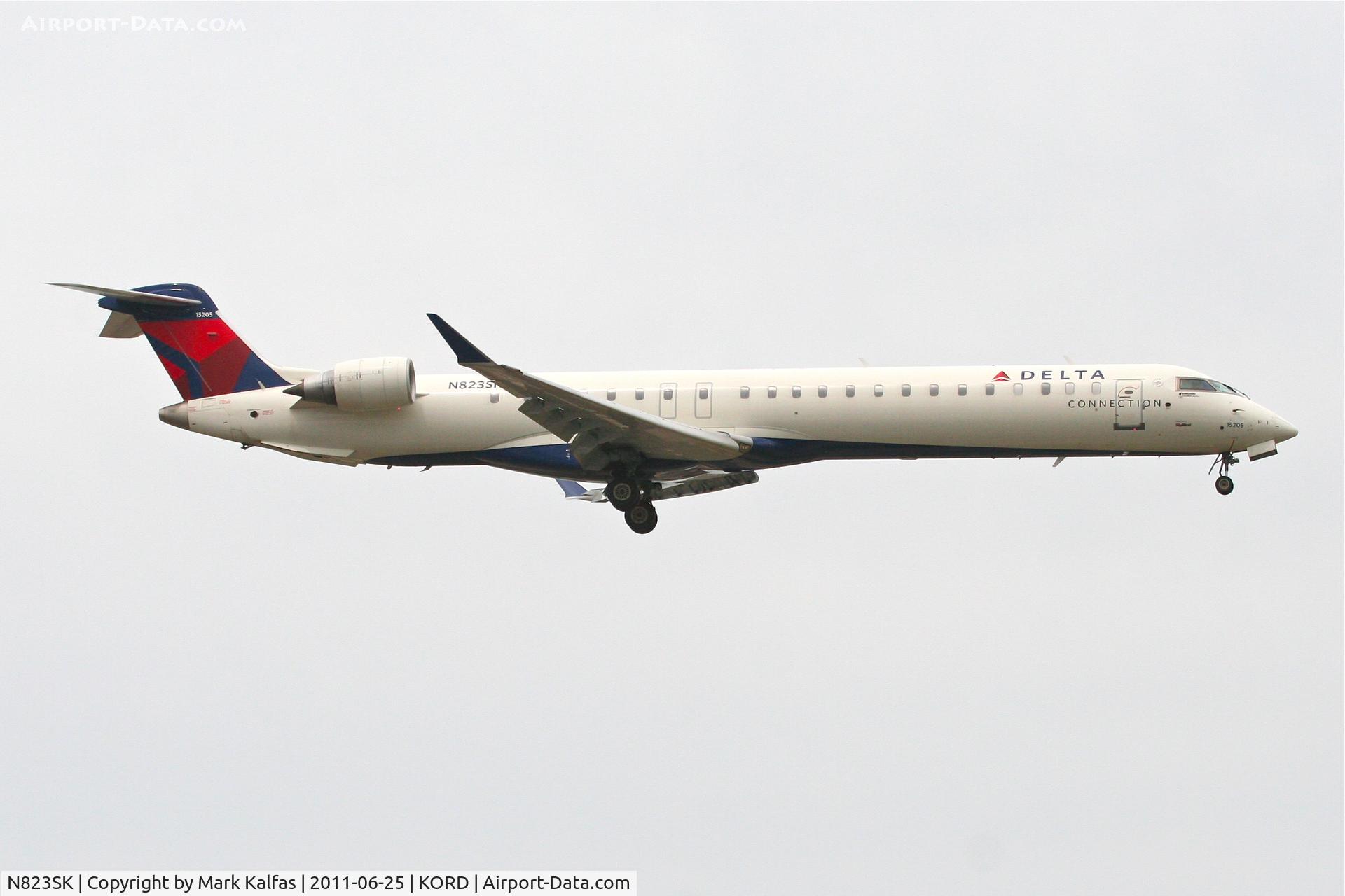 N823SK, 2008 Bombardier CRJ-900ER (CL-600-2D24) C/N 15205, SkyWest/Delta Connection Bombardier CL600-2D24/CRJ9, SKW4616 arriving from Salt Lake City, RWY 14R approach KORD.