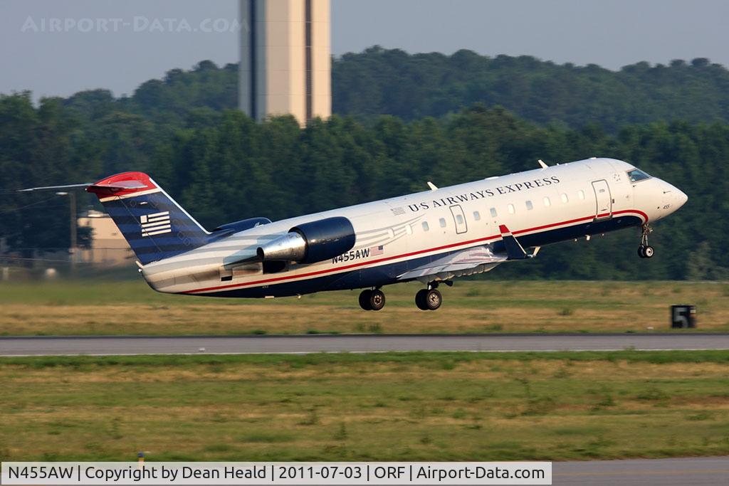 N455AW, 2003 Bombardier CRJ-200LR (CL-600-2B19) C/N 7848, US Airways Express (Air Wisconsin) N455AW (FLT AWI3635) departing RWY 23 en route to New York La Guardia (KLGA).