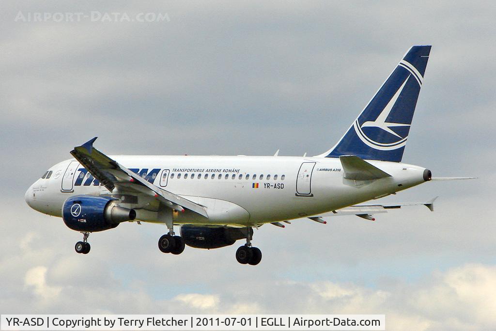 YR-ASD, 2007 Airbus A318-111 C/N 3225, Tarom's 2007 Airbus 318-111, c/n: 3225 on late finals at Heathrow