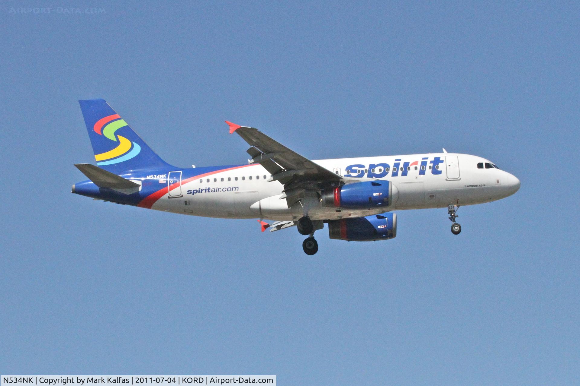 N534NK, 2008 Airbus A319-132 C/N 3395, Spirit Airlines Airbus A319-132, NKS156 arriving from KLAS, RWY 14R approach KORD.