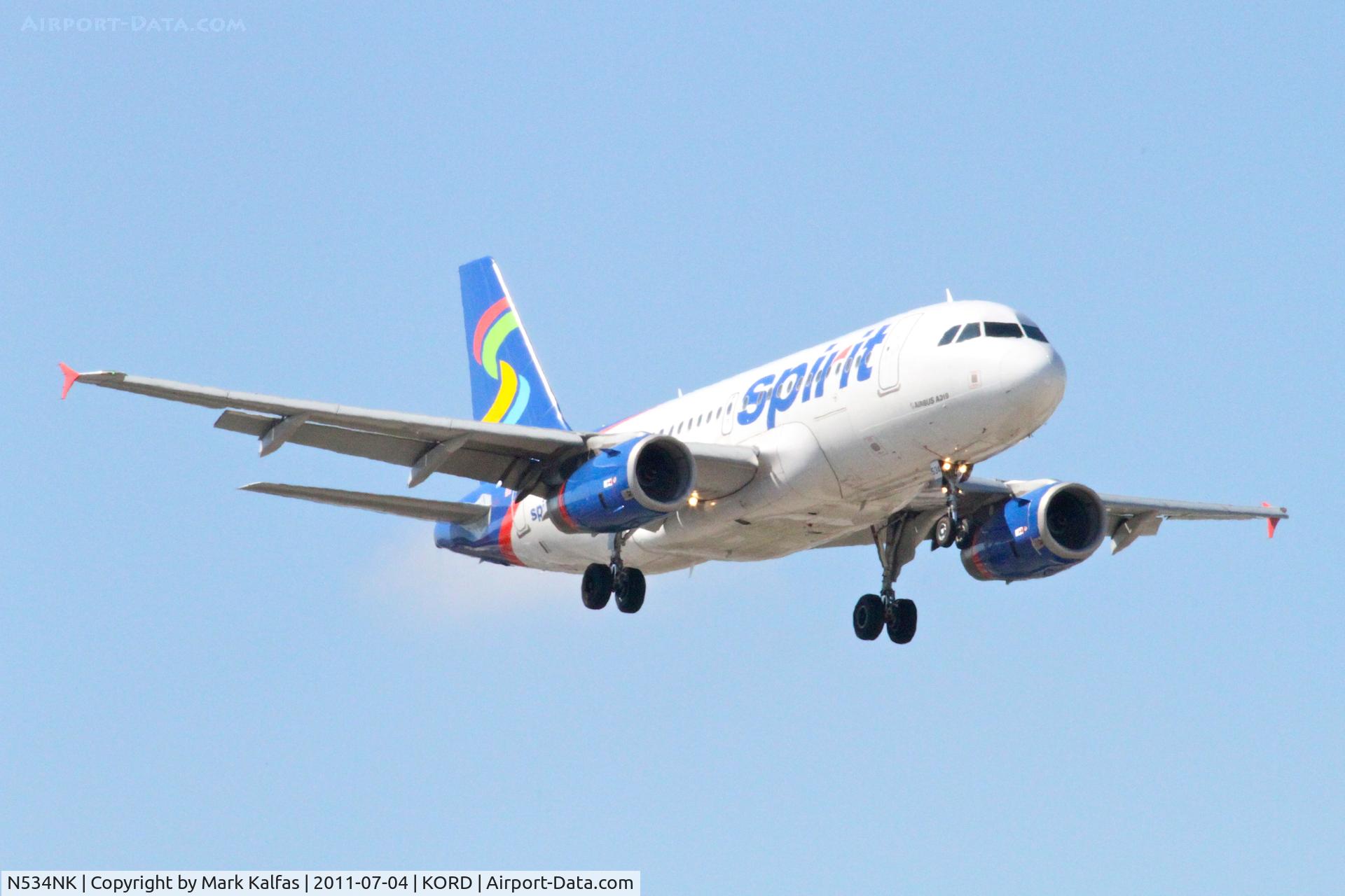N534NK, 2008 Airbus A319-132 C/N 3395, Spirit Airlines Airbus A319-132, NKS156 arriving from KLAS, RWY 14R approach KORD.