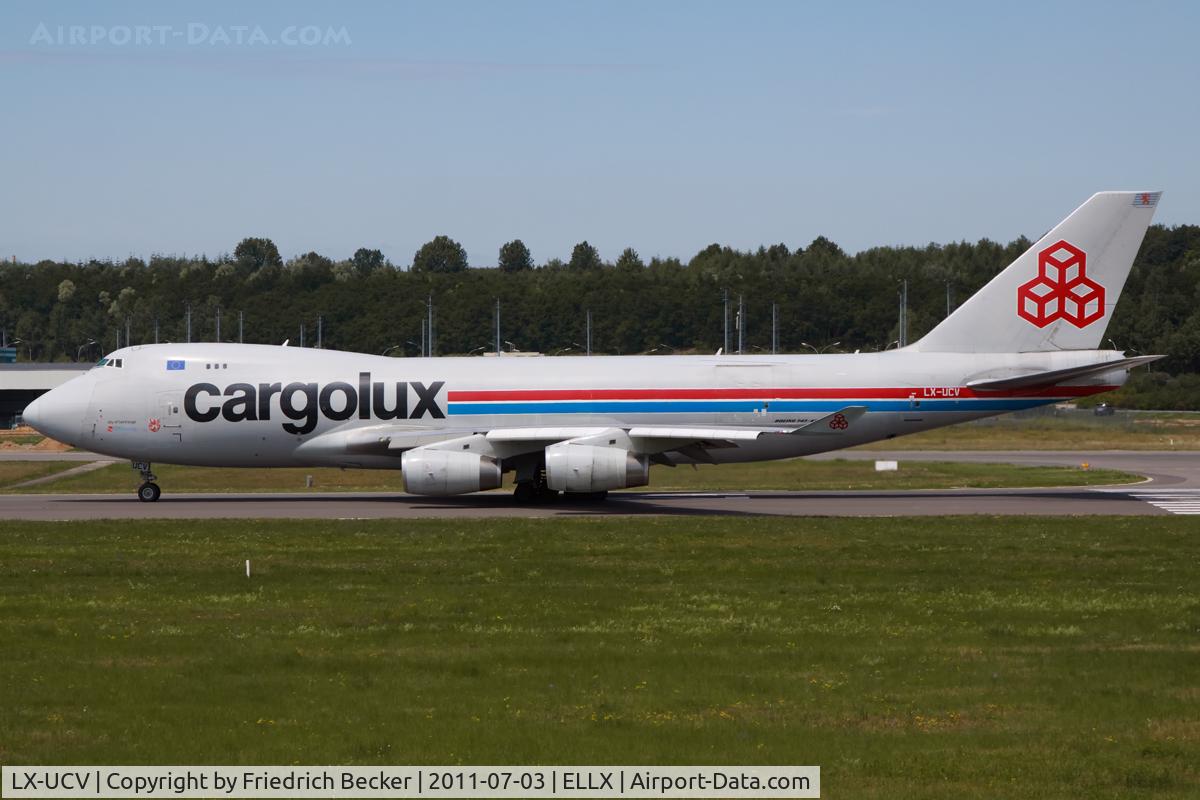 LX-UCV, 2004 Boeing 747-4R7F/SCD C/N 33827, departure via RW24