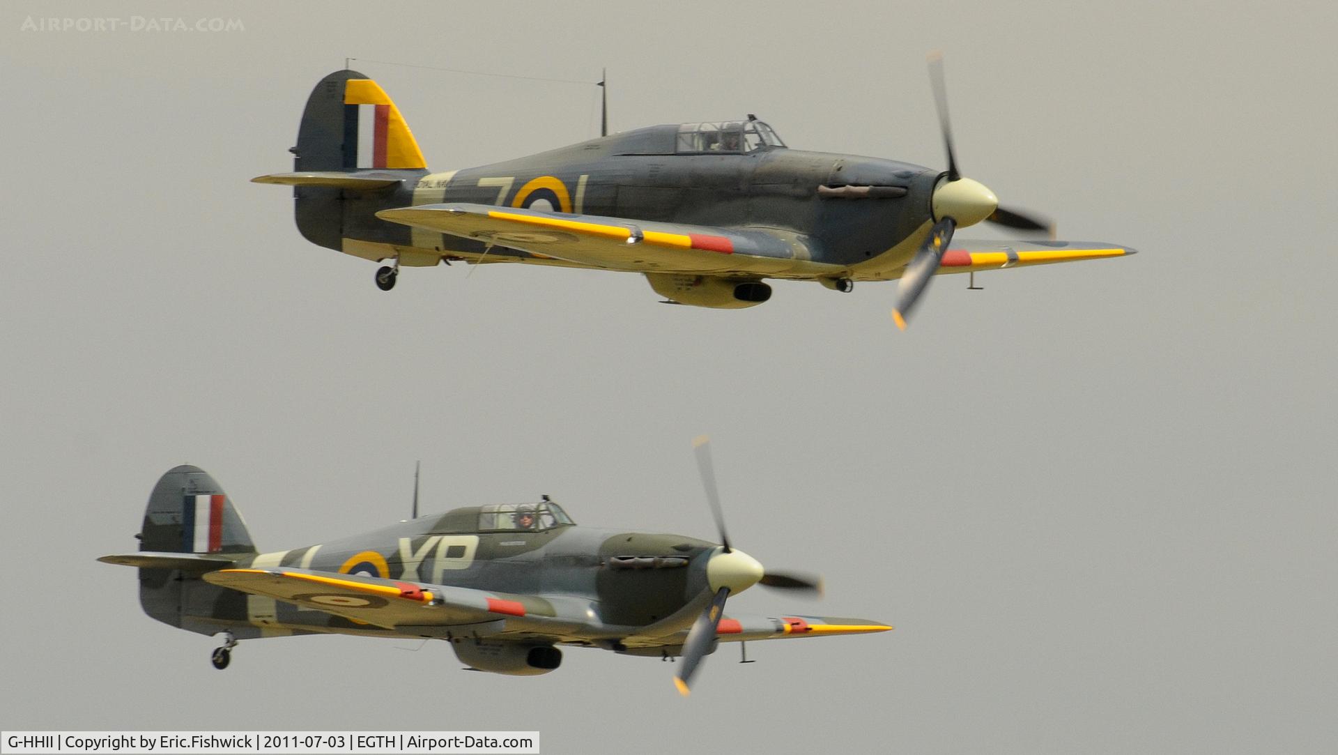 G-HHII, 1940 Hawker (CCF) Hurricane Mk2B C/N CCF/R20023, BE505 with Z7015 at Shuttleworth Military Pagent Air Display, July 2011