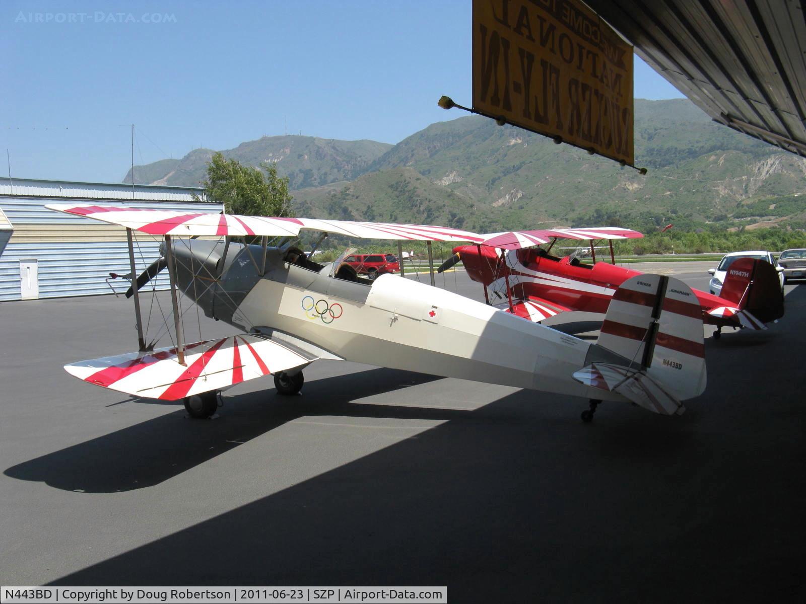 N443BD, 1953 CASA 1-131E Jungmann C/N Not found E3B-443/ N443BD, 1953 C.A.S.A 1.131 Bucker JUNGMANN, Lycoming O-360 180 Hp upgrade. Logo commemorates Gold Medal won by Bucker aerobatic aircraft at the 1936 World Olympic Games in Berlin (only aircraft ever to win an Olympic Gold Medal)