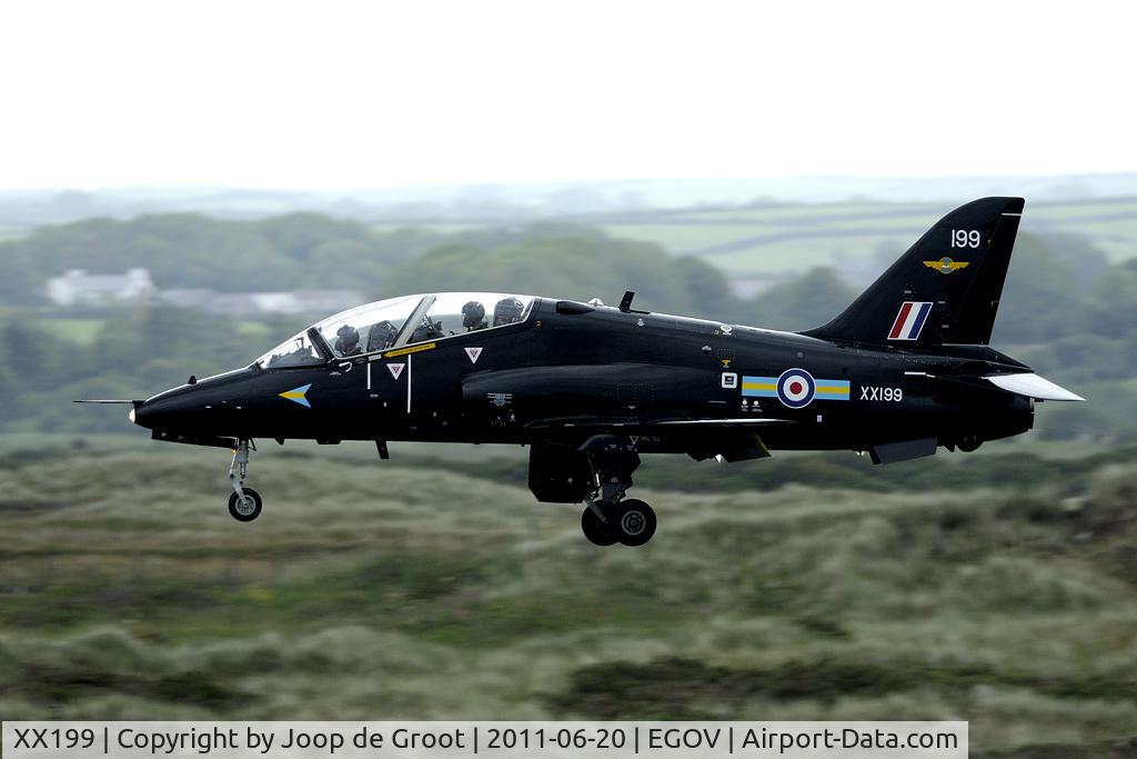 XX199, 1978 Hawker Siddeley Hawk T.1A C/N 046/312046, 208(R) Sq Hawk touch down at Valley.