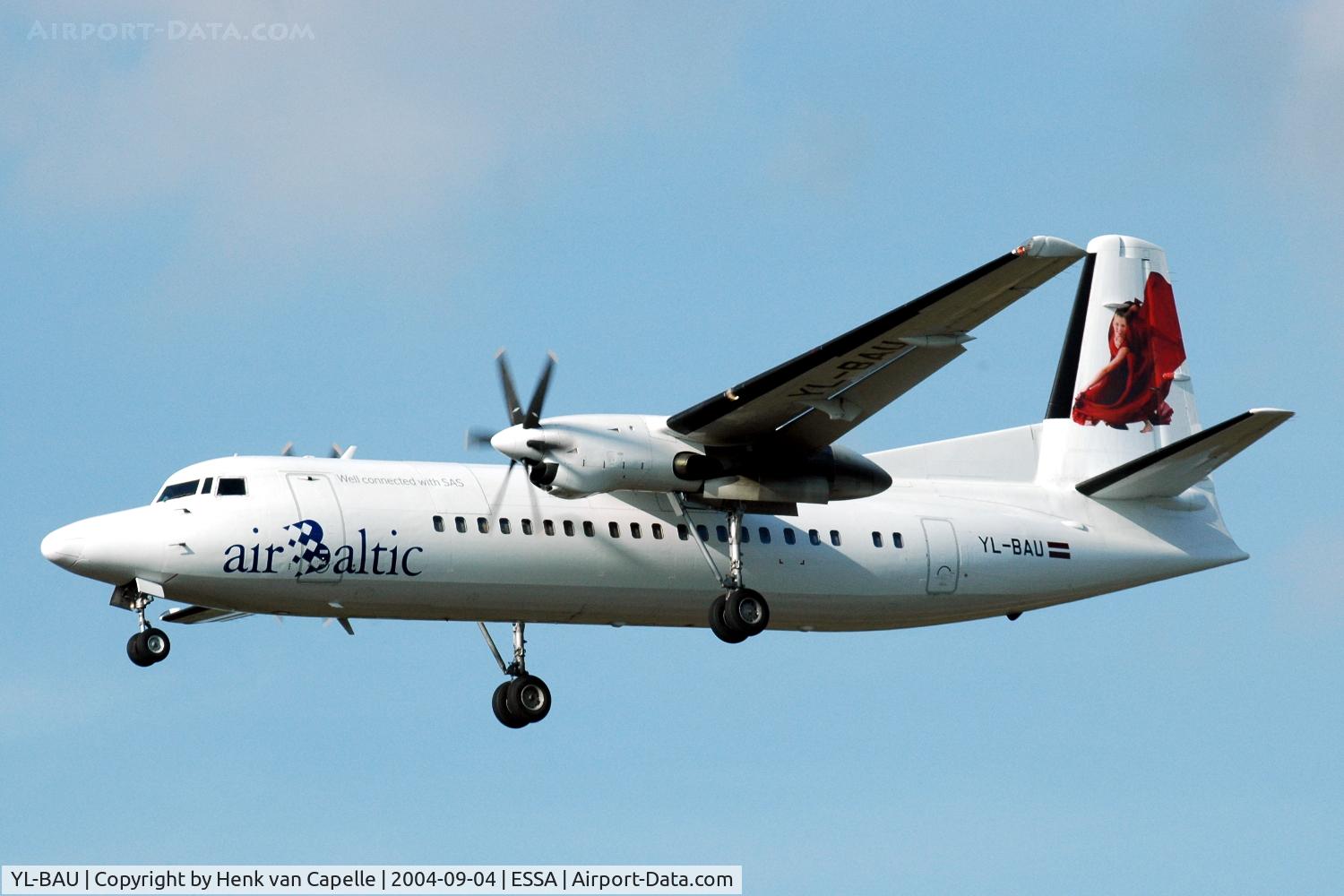 YL-BAU, 1988 Fokker 50 C/N 20126, Air Baltic Fokker 50 about land at Stockholm Arlanda airport.