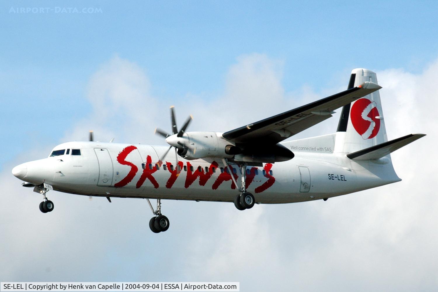 SE-LEL, 1987 Fokker 50 C/N 20110, Skyways Fokker 50 about to land at Stockholm Arlanda airport, Sweden.