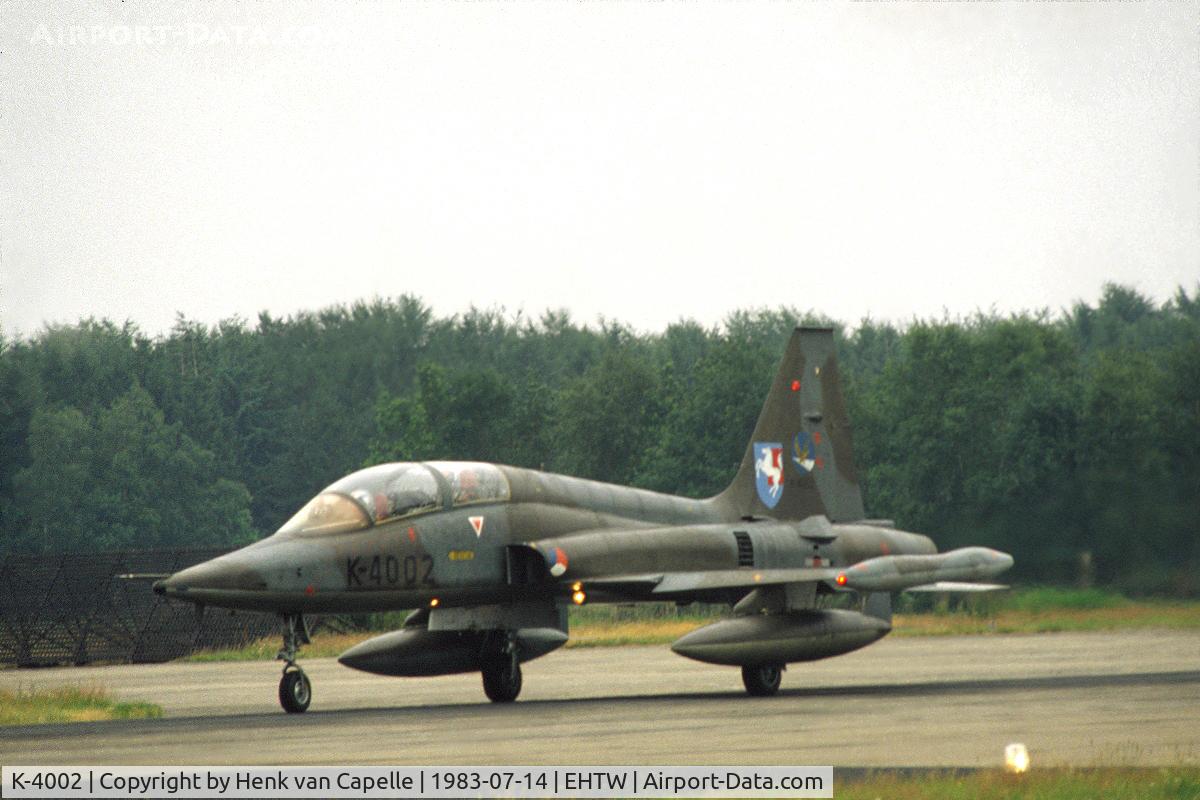 K-4002, 1969 Canadair NF-5B Freedom Fighter C/N 4002, A NF-5B trainer of 313 squadron of the Royal Netherlands Air Force on the runway of Twente air base. It is sporting the emblem of JaboG 36 of the Luftwaffe on it fin.