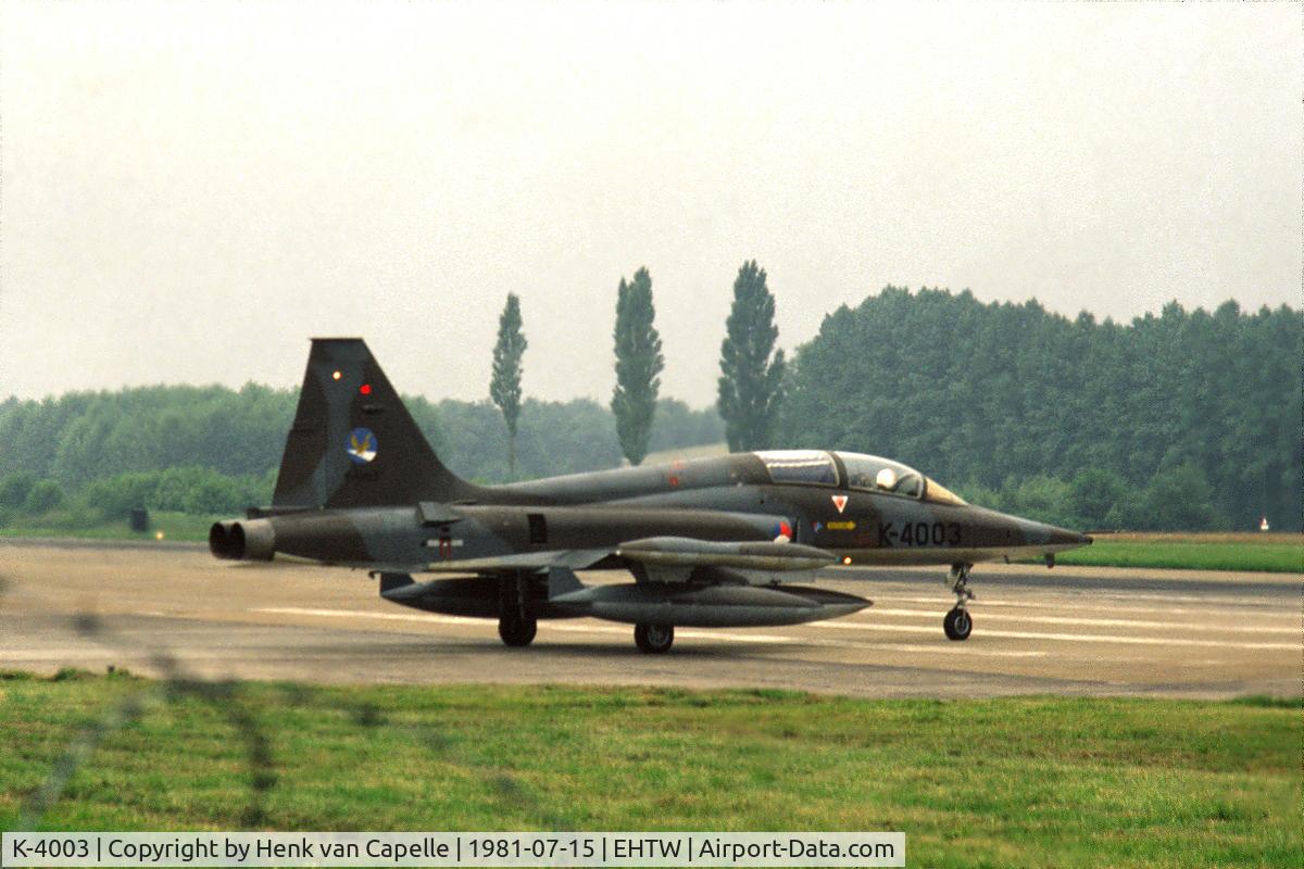 K-4003, 1969 Canadair NF-5B Freedom Fighter C/N 4003, NF-5B trainer of 313 squadron of the Royal Netherlands Air Force taxying onto the runway of Twente air base for a blind flying sortie.