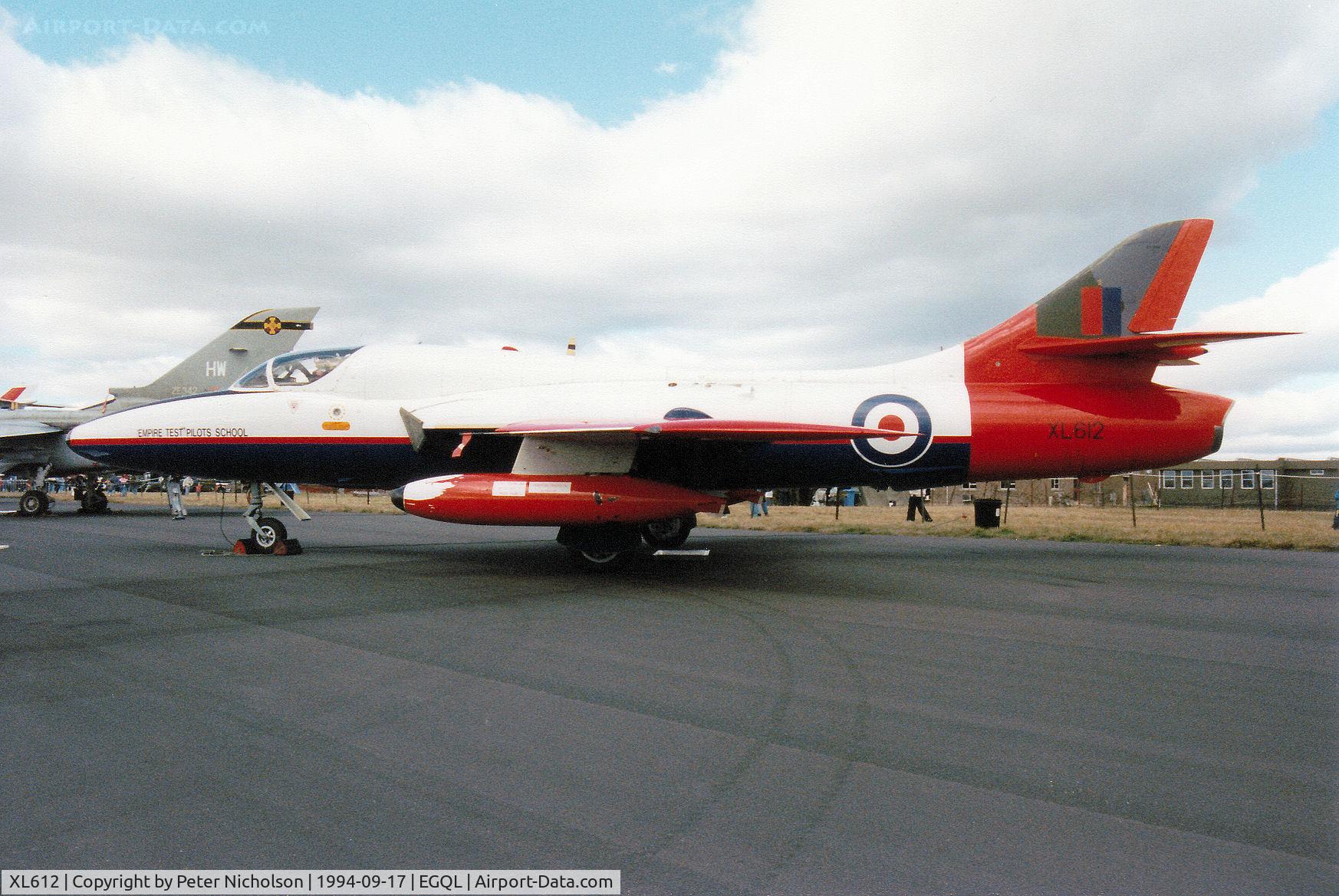 XL612, 1958 Hawker Hunter T.7 C/N 41H-695346, Hunter T.7 of Boscombe Down's Empire Test Pilots School on display at the 1994 RAF Leuchars Airshow.