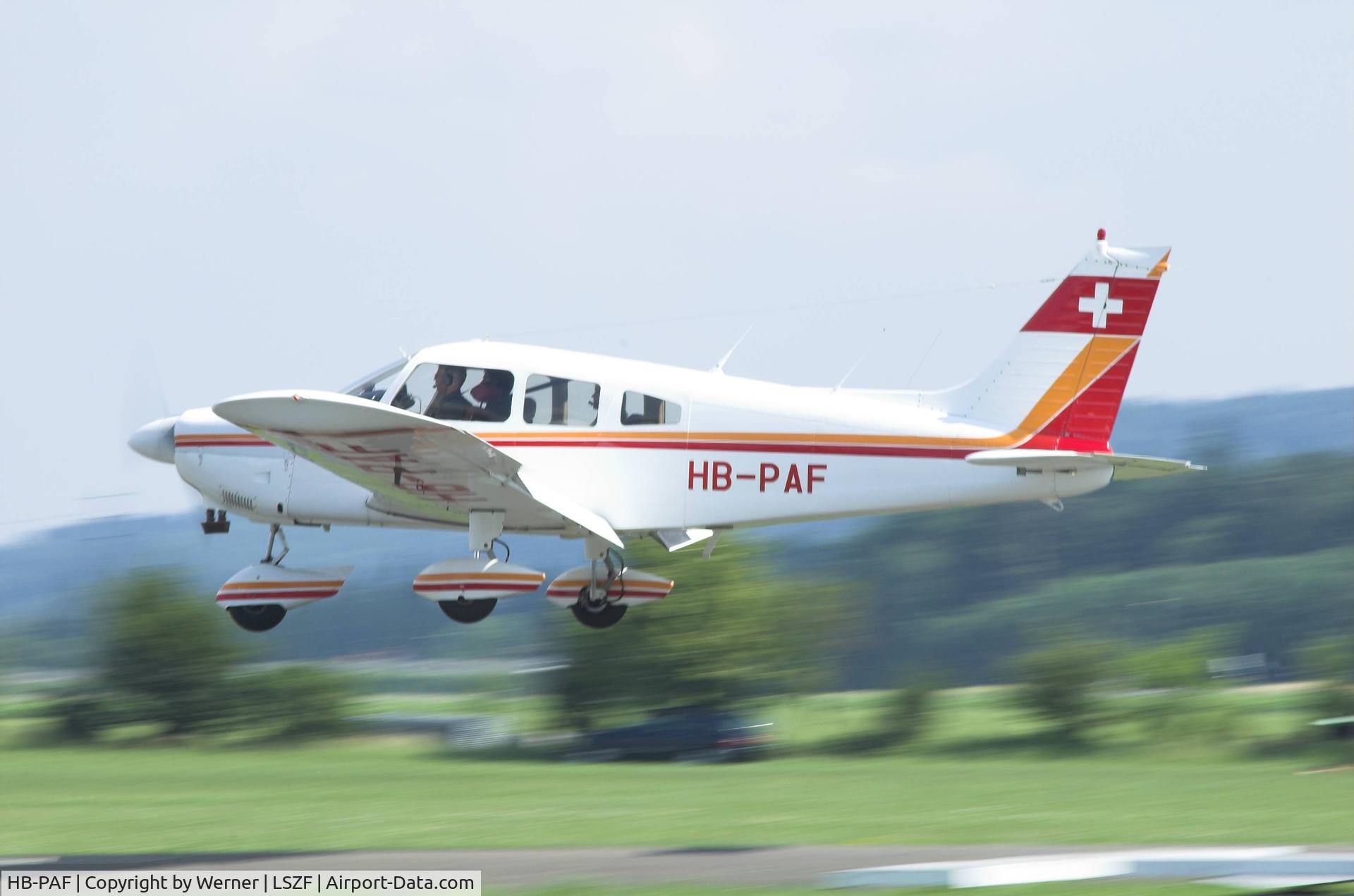 HB-PAF, 1975 Piper PA-28-180 Cherokee B C/N 28-7505200, HB-PAF after departure from Birrfeld airfield (LSZF), Switzerland.