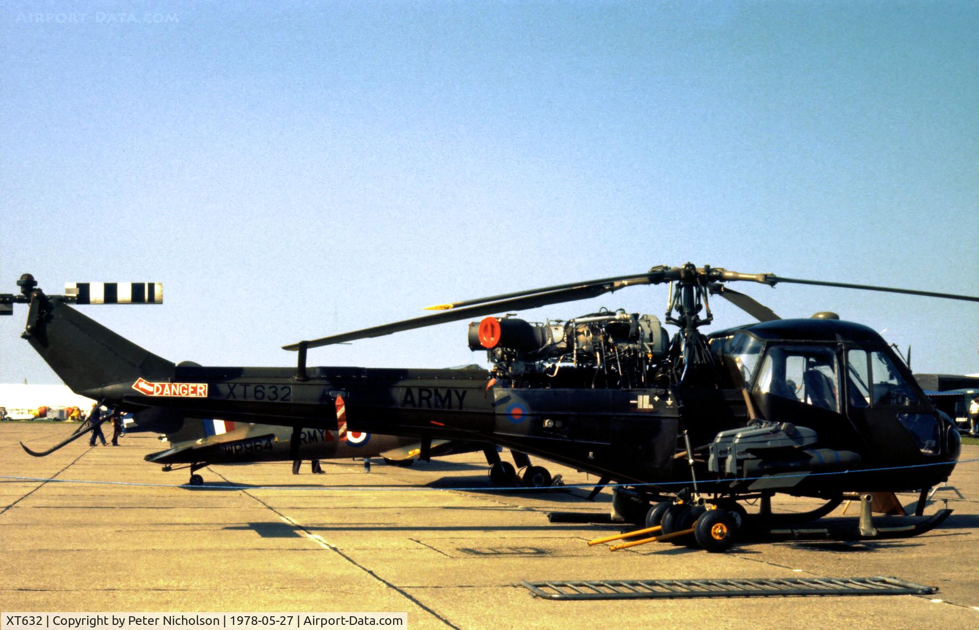 XT632, 1966 Westland Scout AH.1 C/N F9638, Scout AH.1 of the Army Air Corps Development & Training Squadron on display at the 1978 Bassingbourn Airshow.