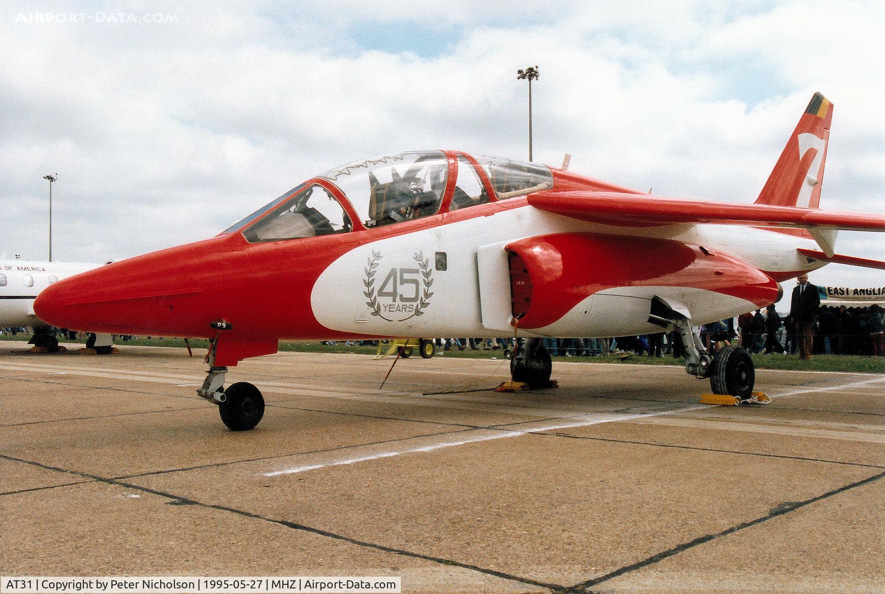 AT31, Dassault-Dornier Alpha Jet 1B C/N B31/1142, Belgian Air Force 9 Wing Alpha Jet in 45th anniversary markings on display at the 1995 RAF Mildenhall Air Fete.