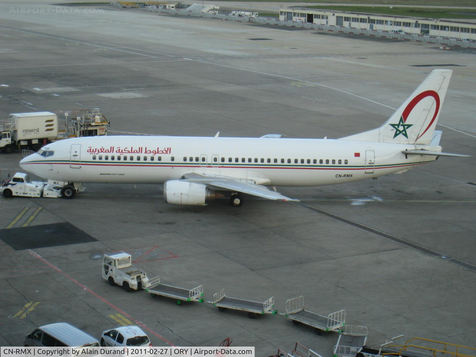 CN-RMX, 1992 Boeing 737-4B6 C/N 26526, Delivered new in 1992. According to some tradition, titles in Arabian are applied on the left side. When pictured, Mike-Xray was seconds from push-back with a towbar less tractor, locally referred as a crabe