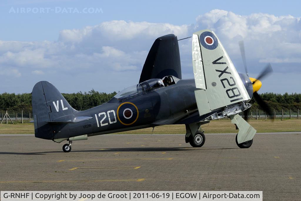 G-RNHF, 1949 Hawker Sea Fury T.20 C/N ES.3615, Since this spring Sea Fury VX281 is active again with the RNHF. It came in at Woodvale for a fuel stop. Nice surprise..!