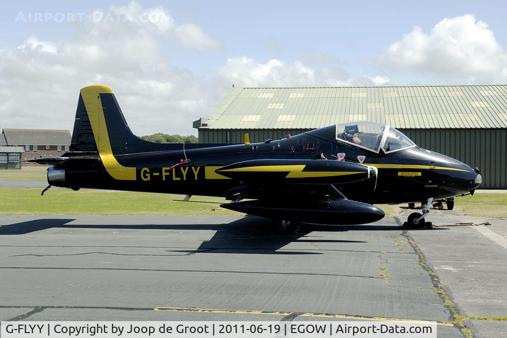 G-FLYY, 1969 BAC 167 Strikemaster Mk.80 C/N EEP/JP/163, parked between the hangars at Woodvale
