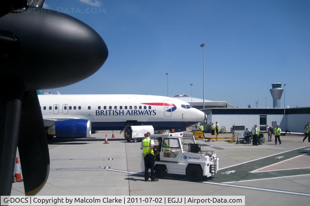 G-DOCS, 1992 Boeing 737-436 C/N 25852, Boeing 737-436 preparing for departure (taken from Dash 8 G-JEDJ), Jersey Airport, CI in July 2011.