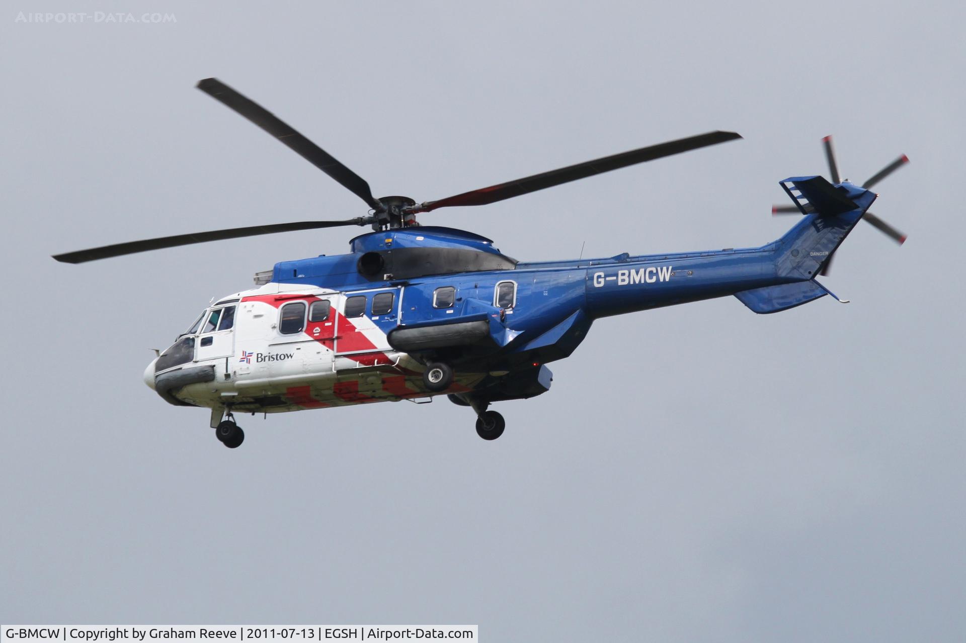 G-BMCW, 1985 Aerospatiale AS-332L-1 Super Puma C/N 2161, About to land.