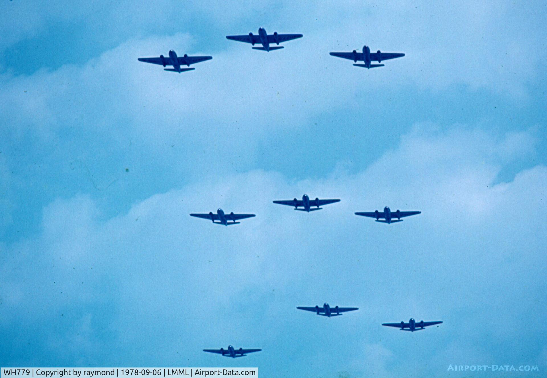 WH779, English Electric Canberra PR.7 C/N EEP71251, Canberras from No13 Squadron flying over RAF Luqa to mark the closure of it's operations from Malta. RAF Luqa was a very active airbase.
