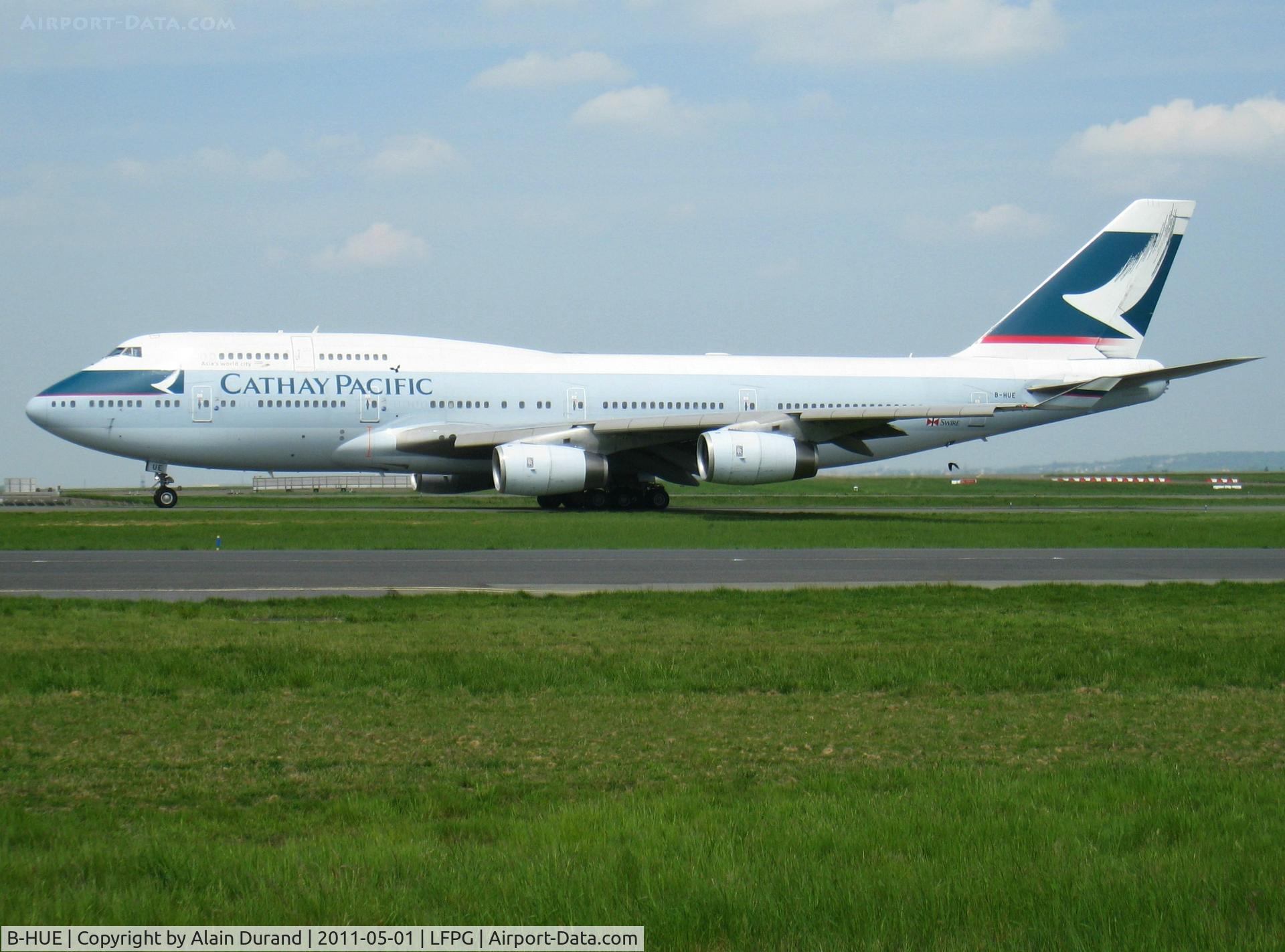 B-HUE, 1993 Boeing 747-467 C/N 27117, Out of 43 Seven-Four in CPA's fleet inventory, 22 are surviving passenger liners. Delivered new in 1993 and 970th 747 to come under the light, Uniform-Echo is a member of the passenger liners' club
