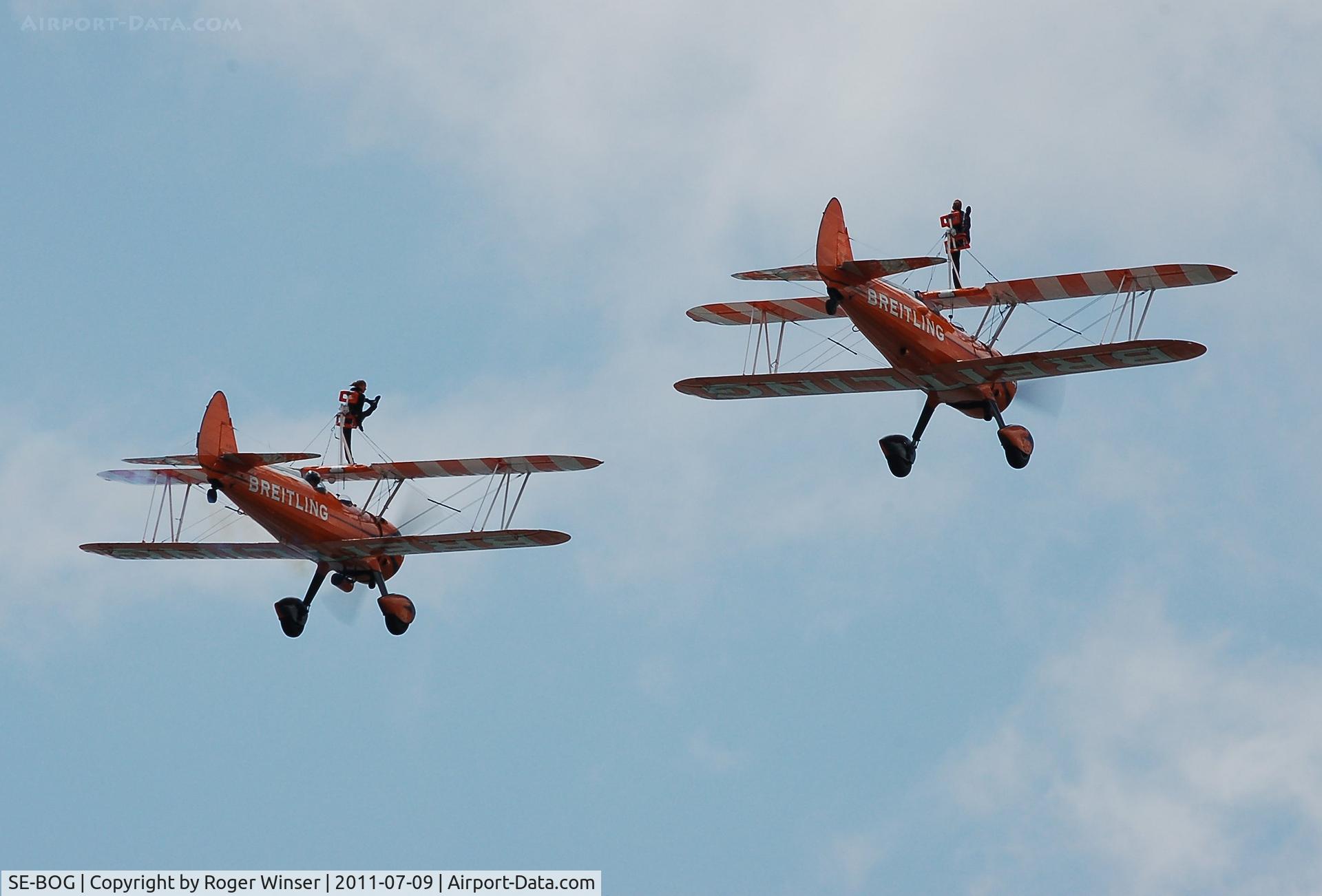 SE-BOG, 1942 Boeing N2S-3 Kaydet (B75N1) C/N 75-7128, Off airport. In formation with N707TJ to port. Wales National Airshow, Swansea Bay, Wales, UK.