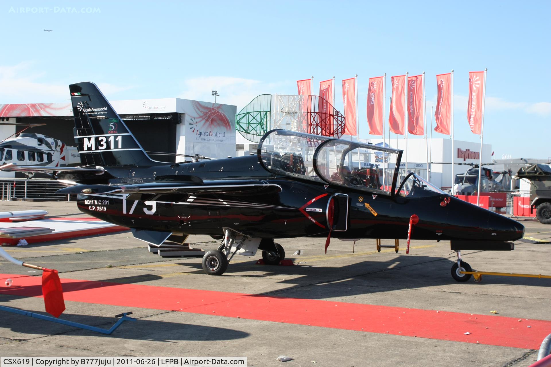 CSX619, Aermacchi M-311 C/N 201, on display at SIAE 2011 with new black peint and new code C.P.X619