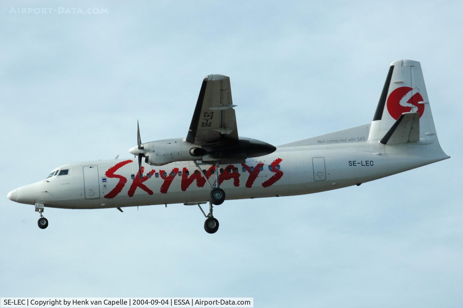 SE-LEC, 1988 Fokker 50 C/N 20112, Skyways Fokker 50 about to land at Stockholm Arlanda airport, Sweden.