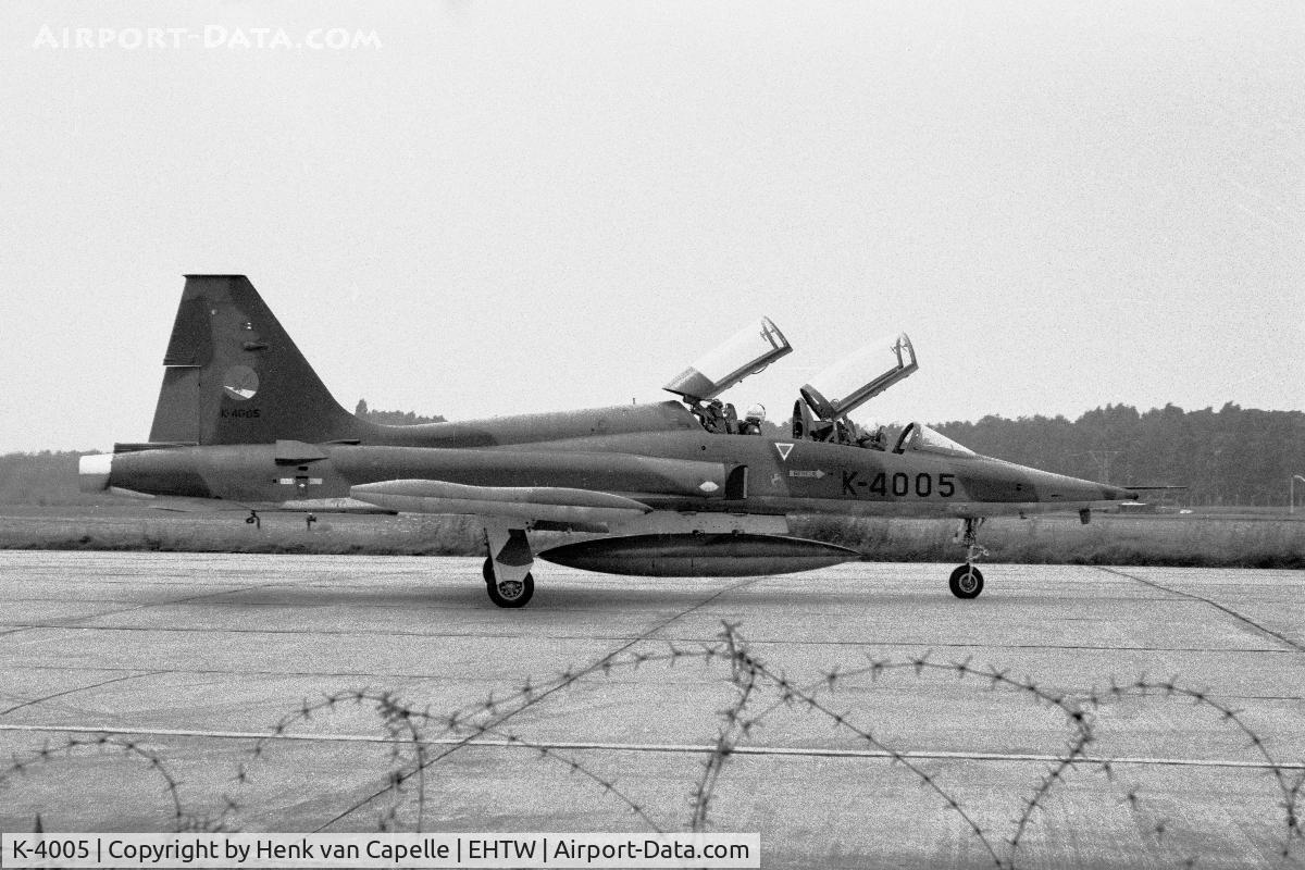 K-4005, 1969 Canadair NF-5B Freedom Fighter C/N 4005, NF-5B trainer of 313 squadron of the Royal Netherlands Air Force at Twente air base, 1980.