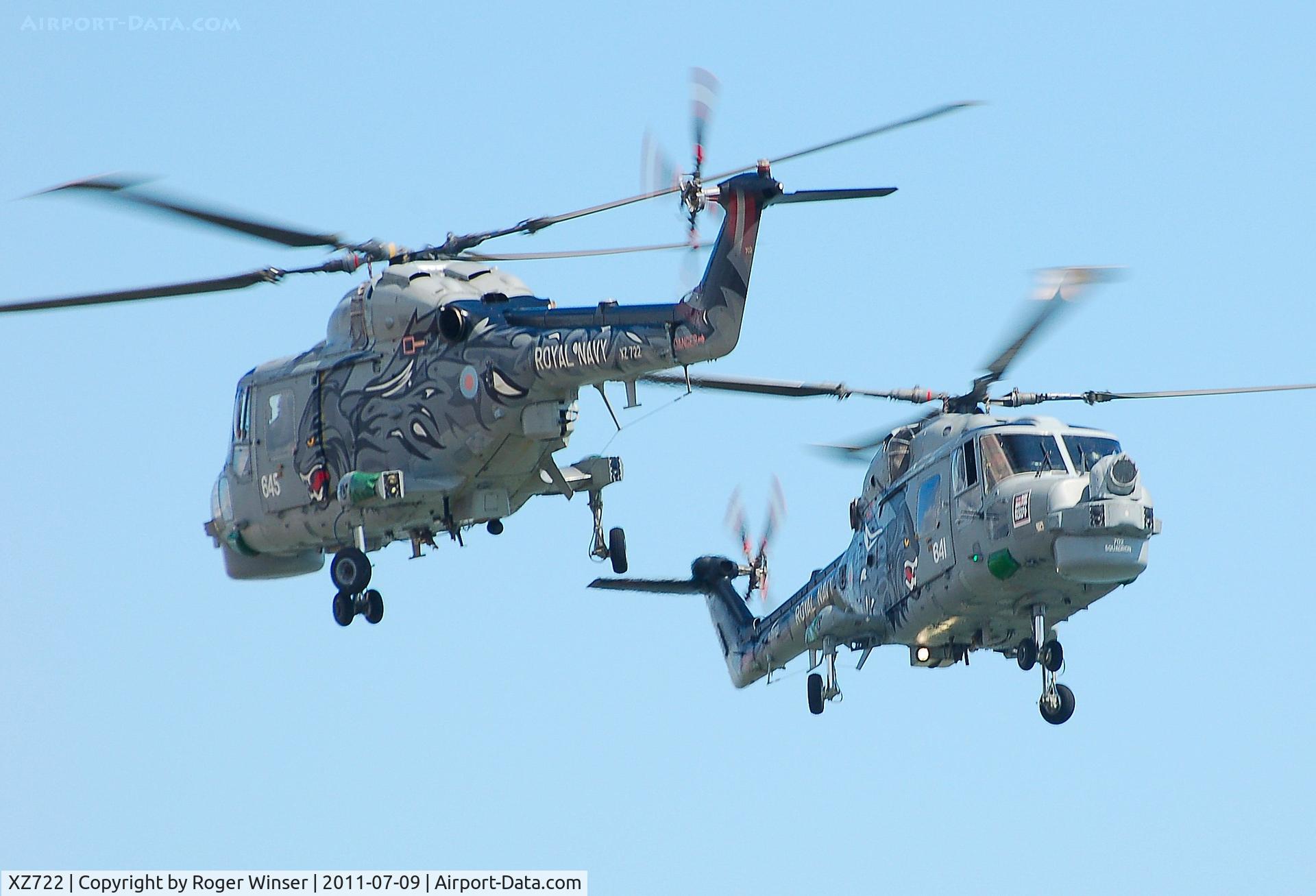 XZ722, 1980 Westland Lynx HMA.8SRU C/N 177, Off airport. Coded 645 with XZ692 coded 641 of 702 NAS's Black Cats Display Team at the Wales National Airshow, Swansea Bay, Wales, UK.