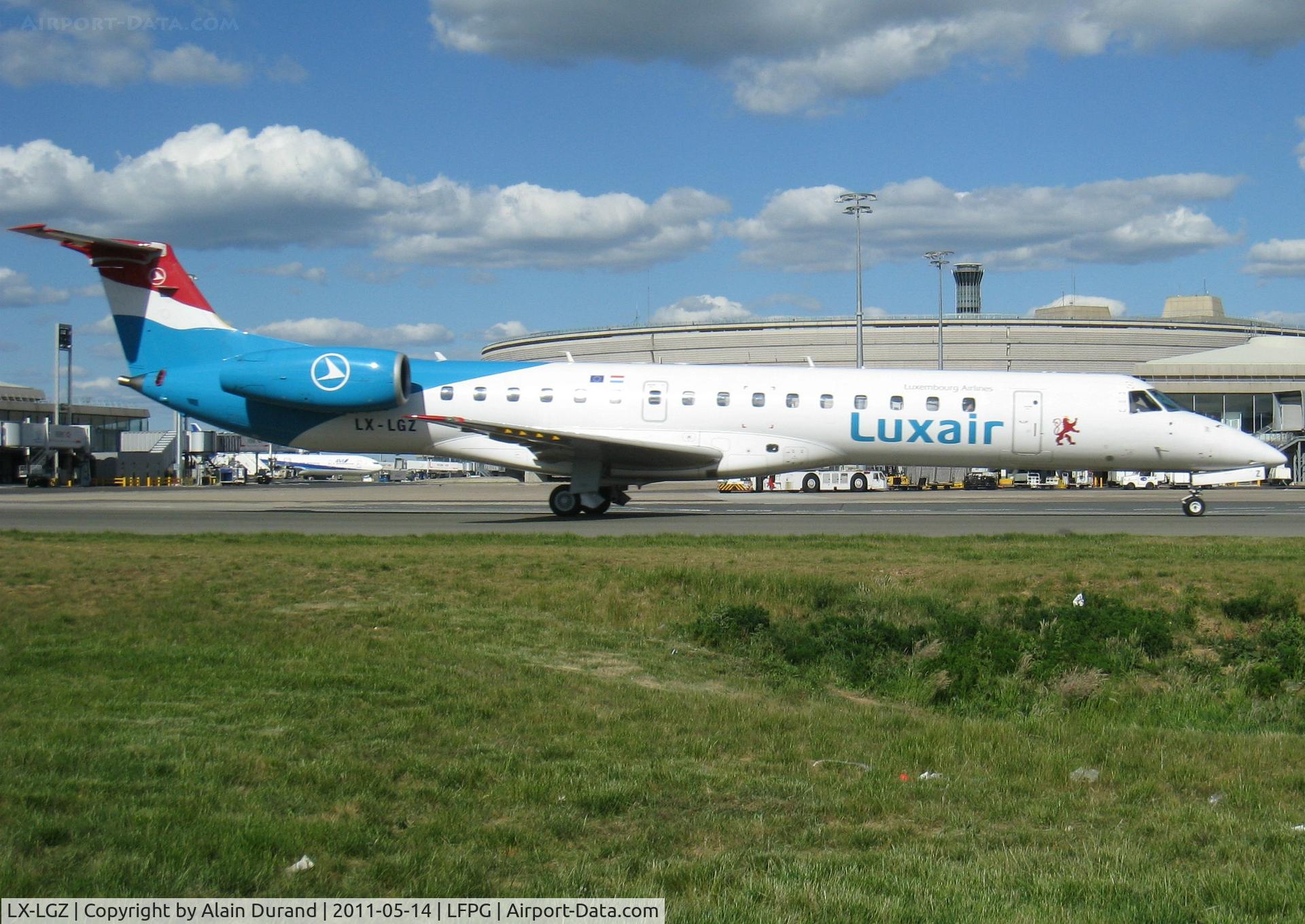 LX-LGZ, 2000 Embraer EMB-145LU (ERJ-145LU) C/N 145258, Resurrecting a registration previously allocated to a Lockheed Starliner, Golf-Zulu had landed on runway 27R and was taxying to stand at Terminal 2