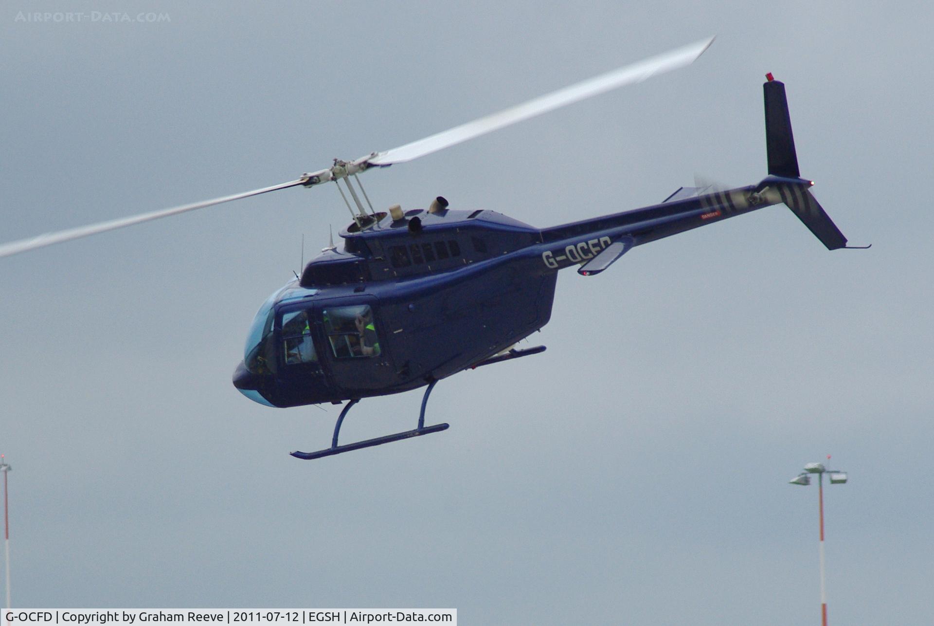 G-OCFD, 1980 Bell 206B JetRanger III C/N 3165, Departing from Norwich.