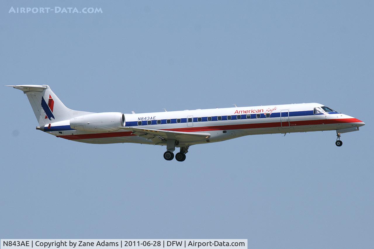 N843AE, 2003 Embraer ERJ-140LR (EMB-135KL) C/N 145680, American Eagle landing at DFW Airport.