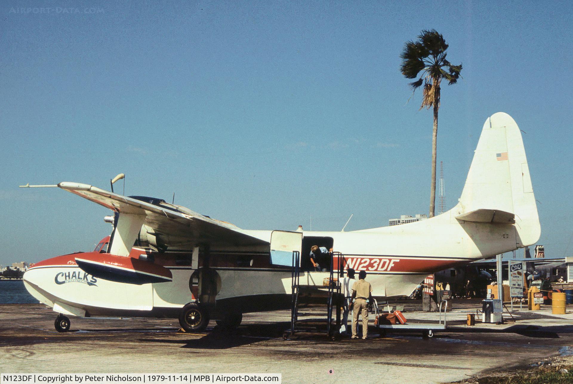 N123DF, 1946 Grumman G-73 Mallard Mallard C/N J-9, Grumman Mallard of Chalk's International Airlines seen at their Watson Island base in November 1979.