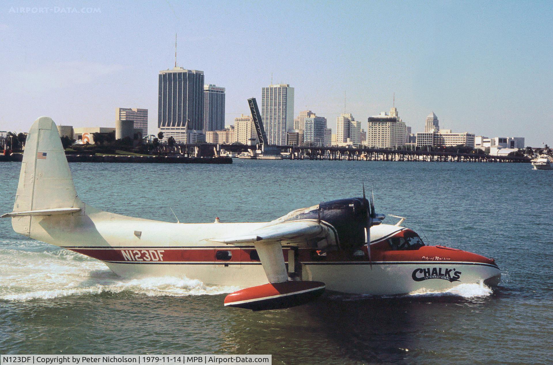 N123DF, 1946 Grumman G-73 Mallard Mallard C/N J-9, Grumman Mallard of Chalk's International Airlines arriving at their Watson Island base in November 1979.