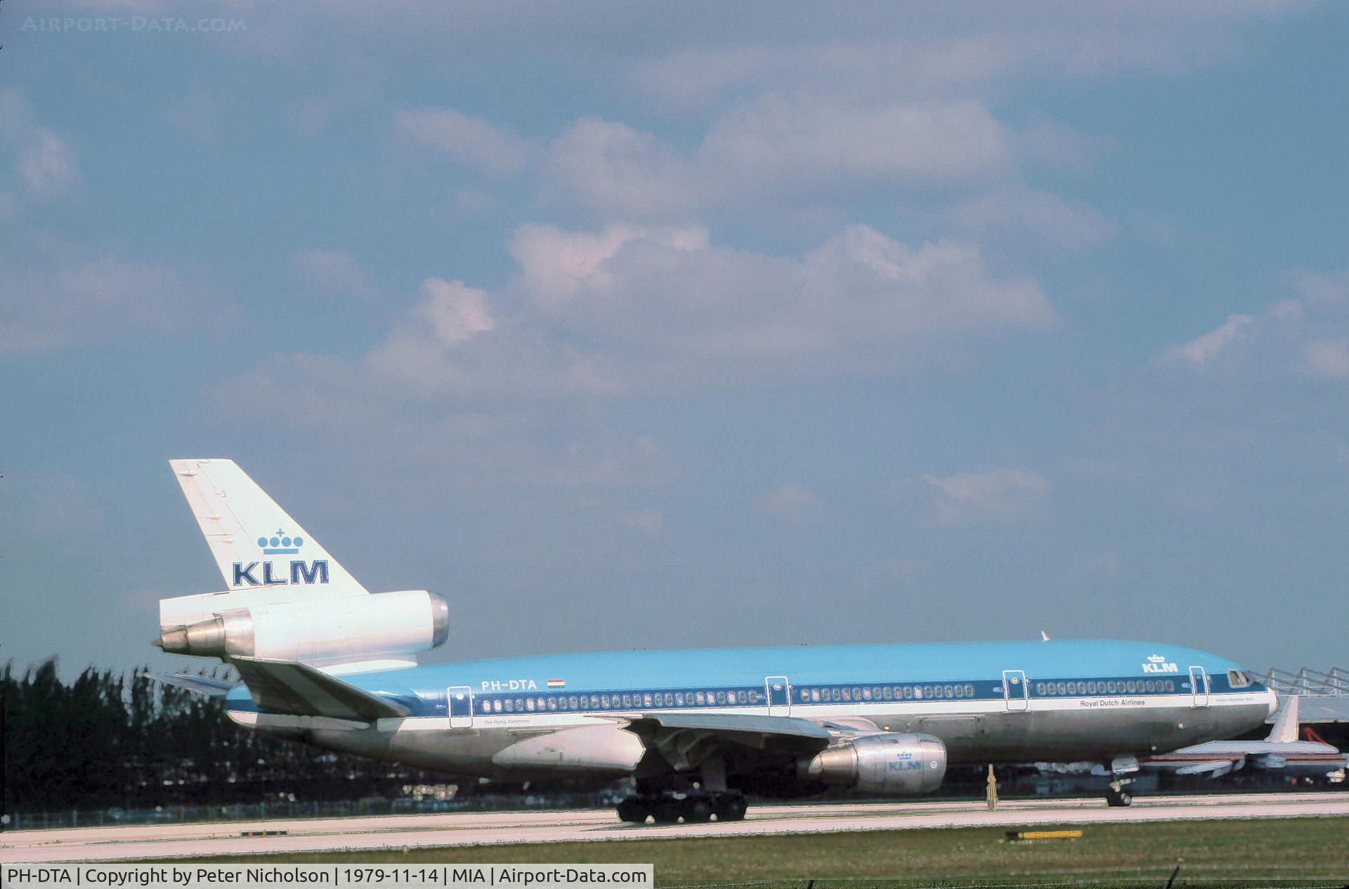 PH-DTA, 1972 Douglas DC-10-30 C/N 46550, DC-10-30 of KLM Royal Dutch Airlines preparing for take-off at Miami International in November 1979.