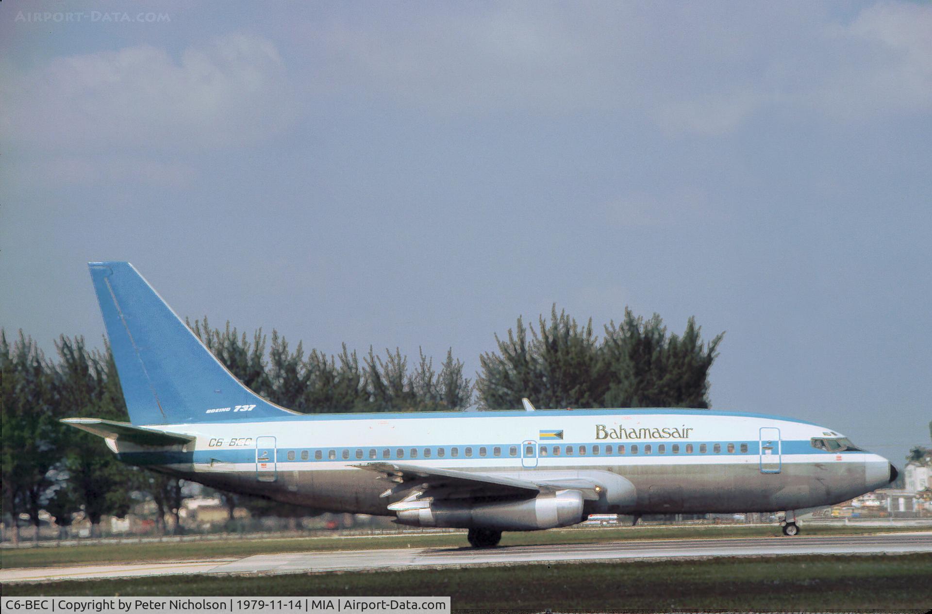 C6-BEC, 1970 Boeing 737-281 C/N 20413, Boeing 737-281 of Bahamasair preparing for take-off at Miami International in November 1979.