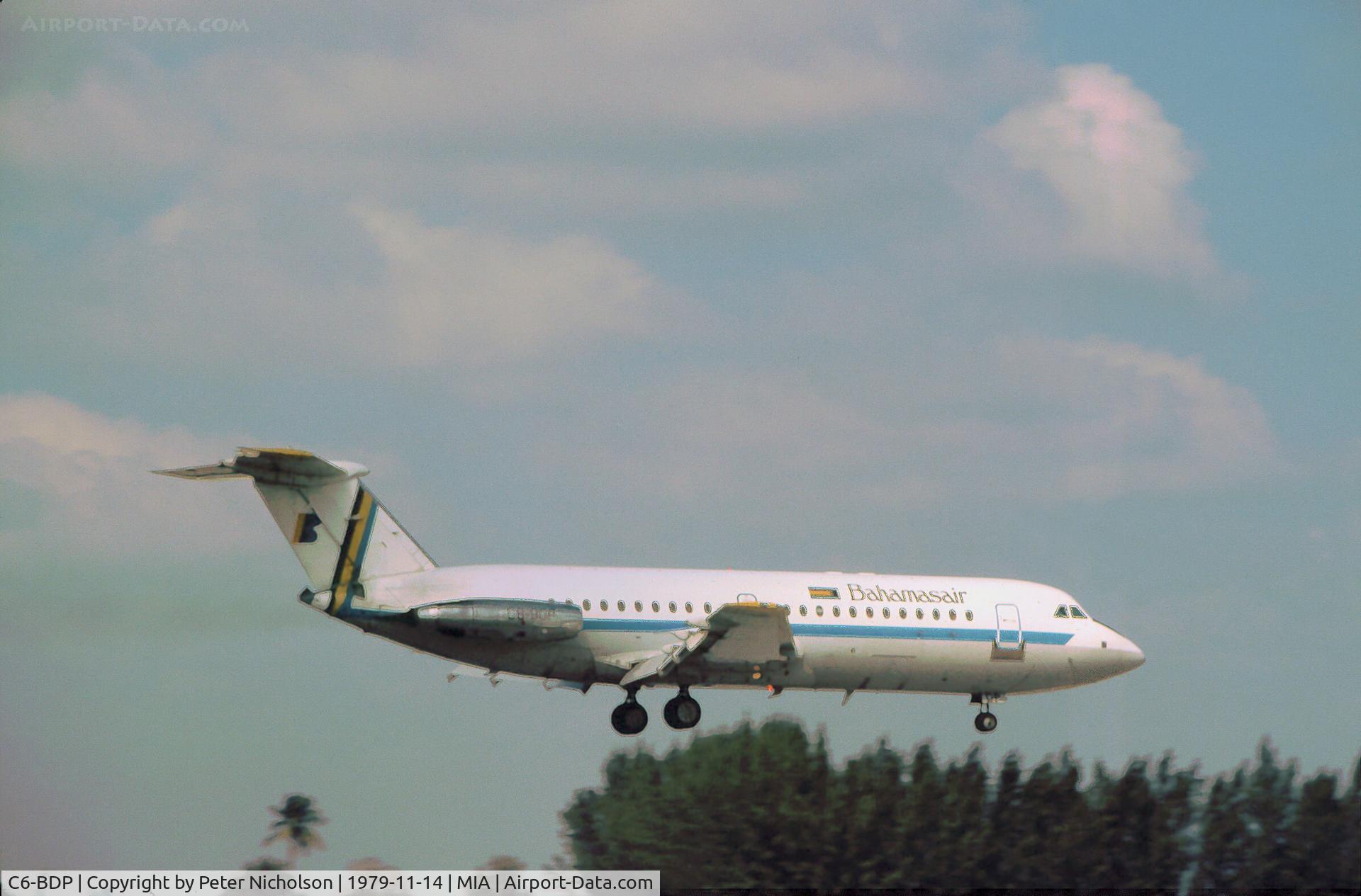 C6-BDP, 1966 BAC 111-401AK One-Eleven C/N BAC.063, One Eleven 401AK of Bahamasair landing at Miami International in November 1979.