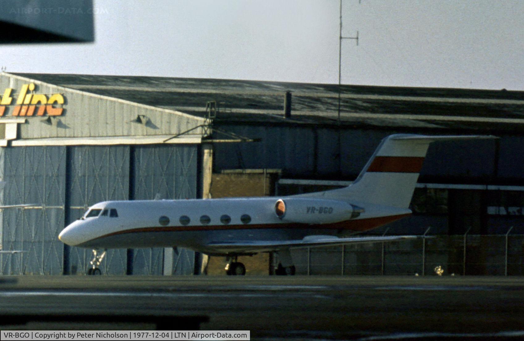 VR-BGO, 1973 Gulfstream American G-1159 Gulfstream II C/N 124, Gulfstream II operated by the Sioux Corporation as seen at Luton in December 1977.
