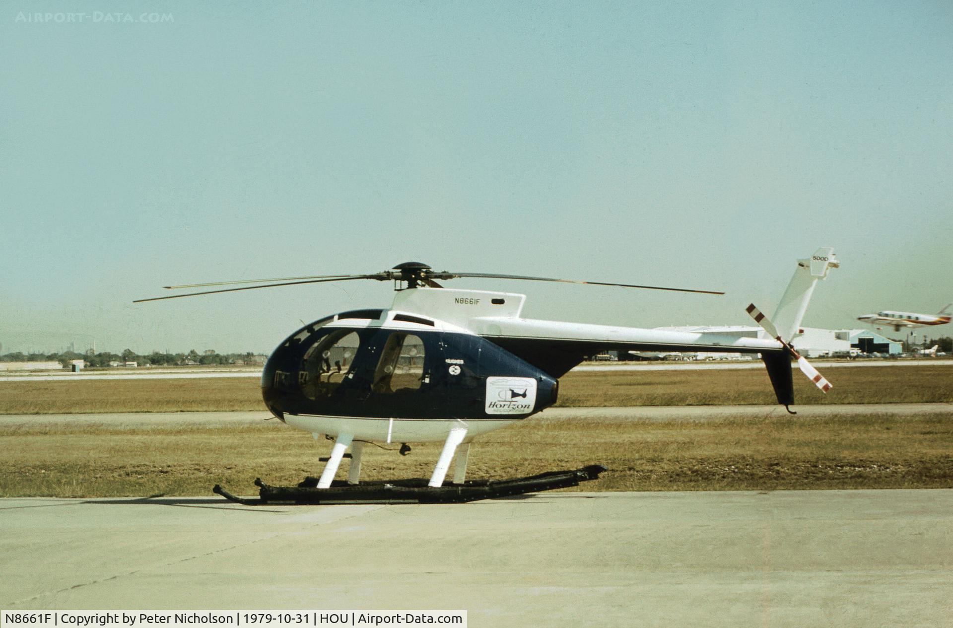 N8661F, Hughes 369D C/N 690522D, Hughes 500 of Horizon Helicopters as seen at Houston Hobby Airport in October 1979.