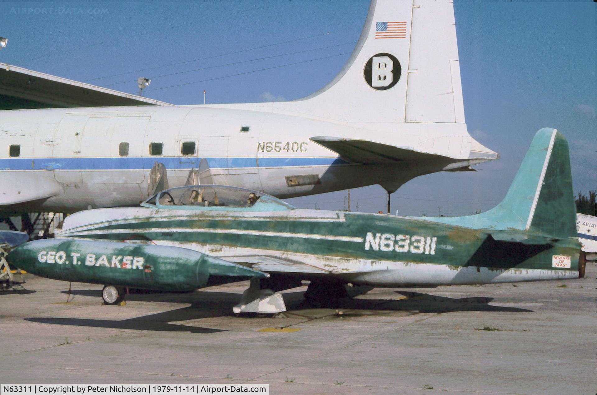 N63311, Lockheed T-33A Shooting Star C/N 580-1449, T-33A Shooting Star ex 58-0480 in use at the George T. Baker Aviation School in Miami in November 1979.