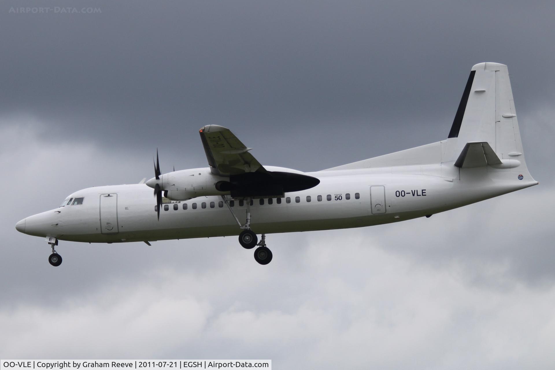 OO-VLE, 1988 Fokker 50 C/N 20132, About to touch down.