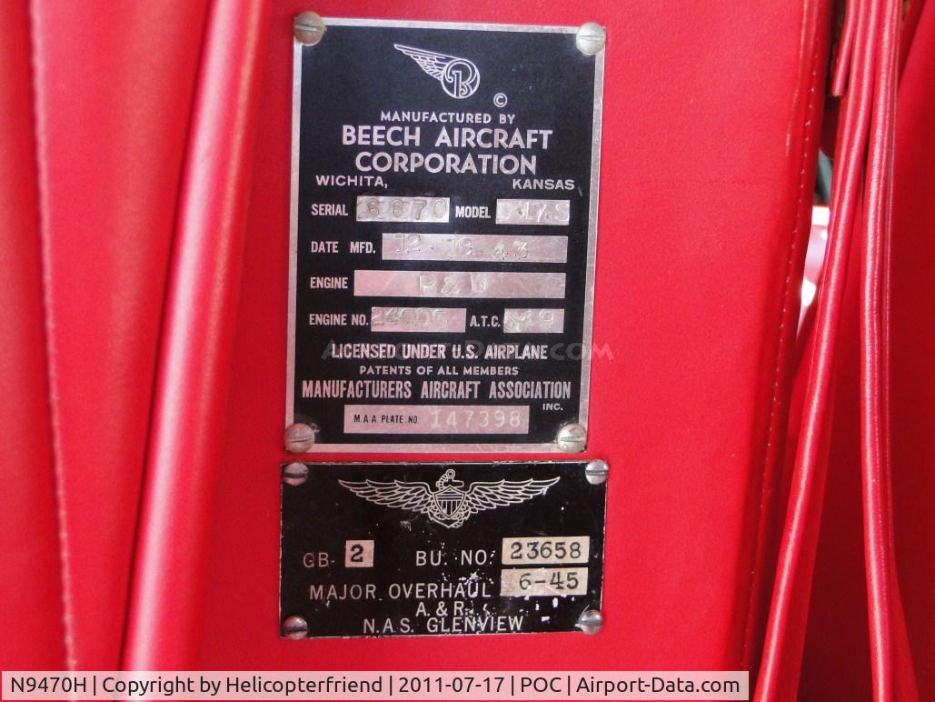 N9470H, 1943 Beech D17S Staggerwing C/N 6670, Manufacture plate, made 12/19/43