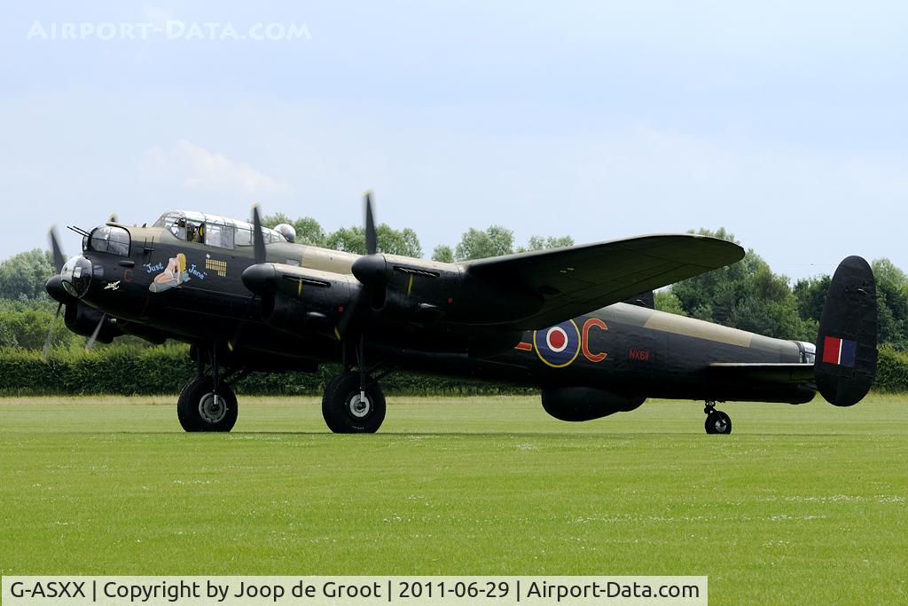 G-ASXX, 1945 Avro 683 Lancaster B7 C/N Not found NX611, After years of painstaking restauration 'Just Jane' has reentered the British civil register awaiting permit to fly! Seen on one of her taxi runs at East Kirkby airfield.