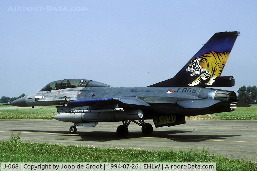 J-068, 1987 Fokker F-16B Fighting Falcon C/N 6E-37, still wearing Tiger Meet colours of a previous year.