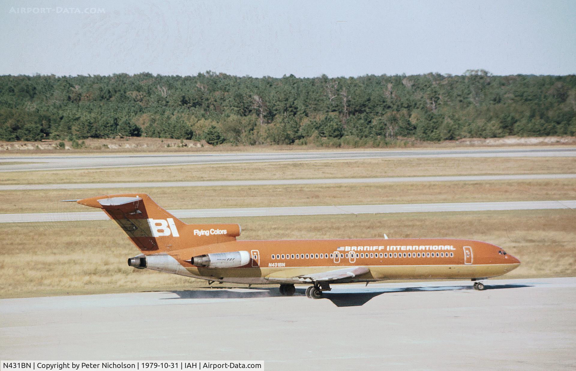 N431BN, 1973 Boeing 727-227 C/N 20838, Boeing 727-227 of Braniff Airways as seen at Houston International in October 1979.