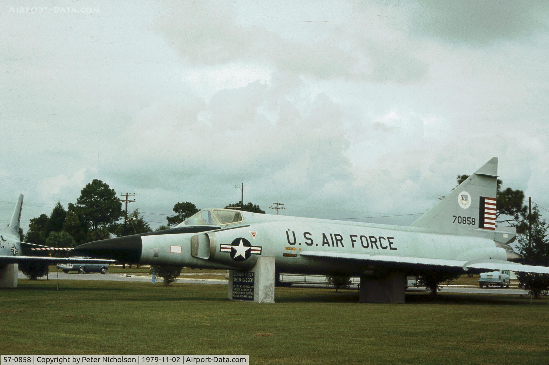 57-0858, 1957 Convair F-102A Delta Dagger C/N 8-31-34, F-102A Delta Dagger on display at the Tyndall Air Park in Panama City, Florida in November 1979.