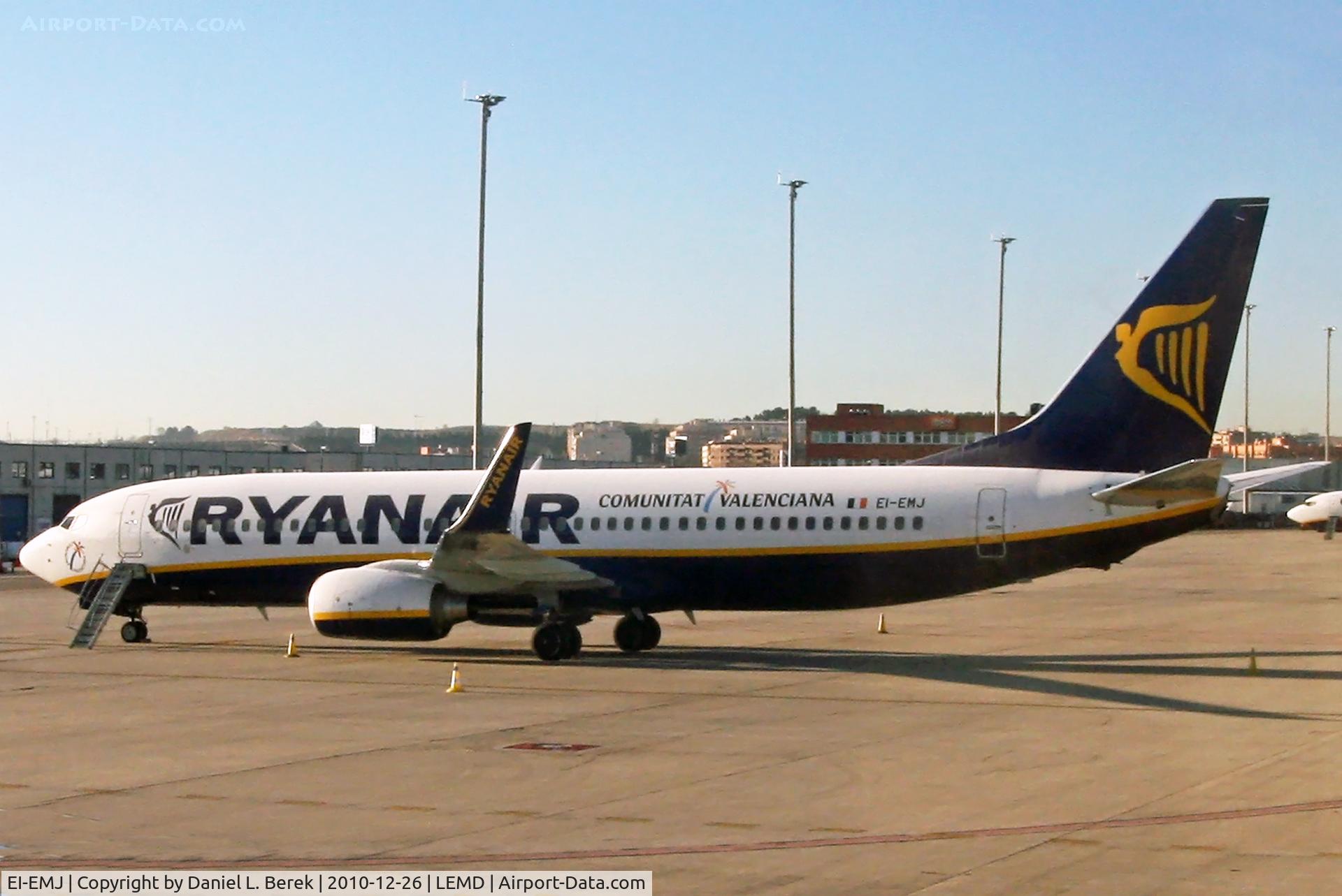 EI-EMJ, 2010 Boeing 737-8AS C/N 34975, Wearing special Catalan Valencia stickers, a brand-new Ryanair 737 sits in the early morning sunlight in Madrid.