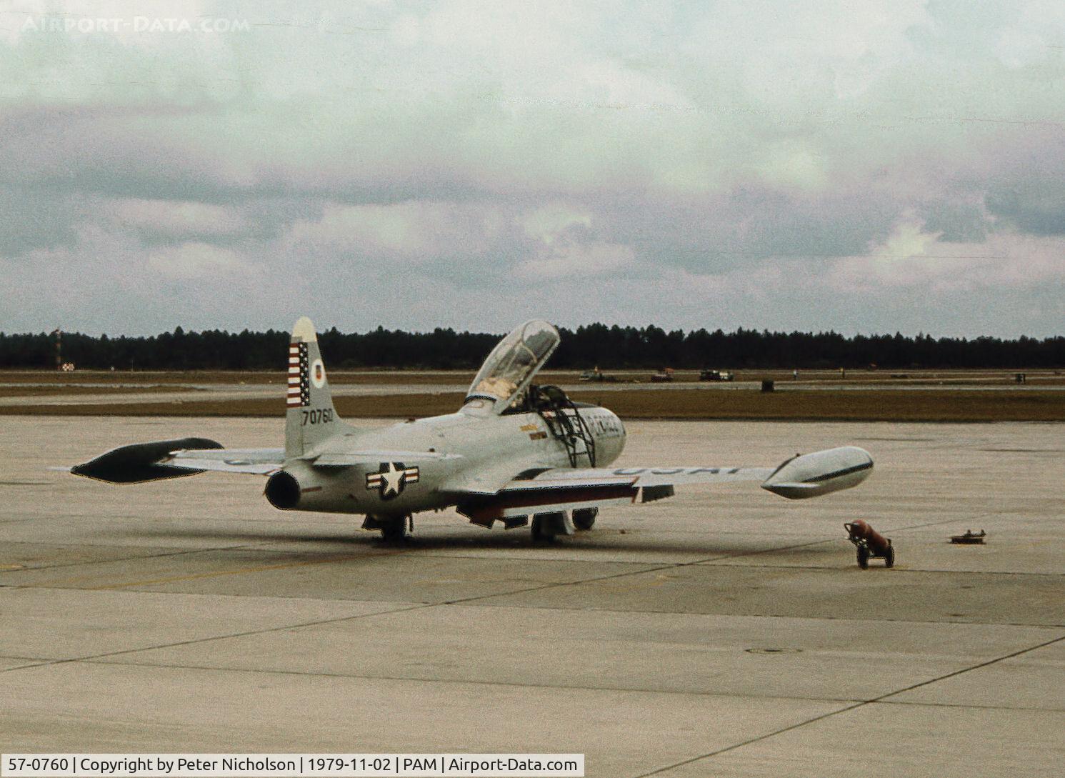 57-0760, 1957 Lockheed T-33A Shooting Star C/N 580-1409, T-33A Shooting Star of the Air Defence Weapons Centre at Tyndall AFB in November 1979.